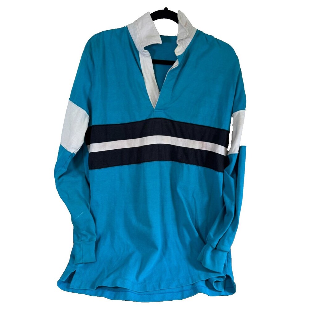 Vtg 90’s Blokecore Preppy Cotton Rugby Shirt Blue/White Colorblock Men L - Picture 9 of 16